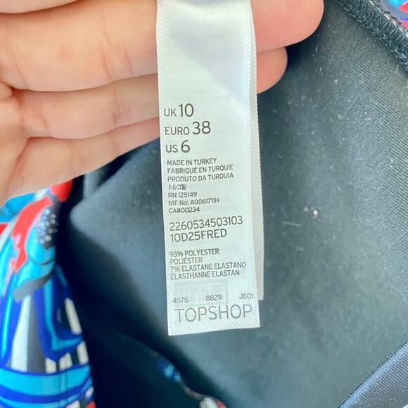 TOPSHOP Dress Floral Mini Sleeveless High Neck Scuba Stripe Blue Pink Black 6 - Picture 7 of 8